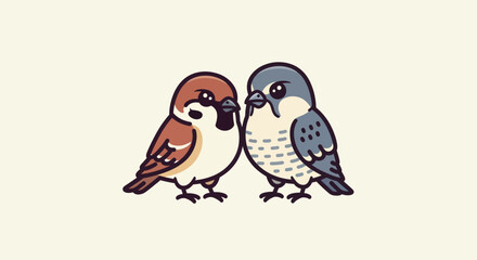 Two cartoon birds, one brown, one blue, are facing each other. Simple style on cream background