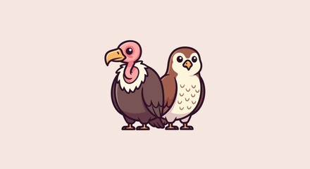 Two cartoon birds, a vulture and a small owl-like creature, stand together