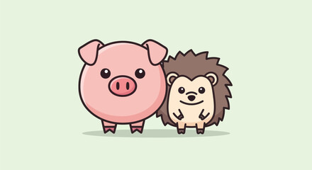 A chubby pink pig and a cute hedgehog stand side-by-side on a light green background