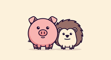 A cute pig and hedgehog stand together, smiling, against a cream-colored background