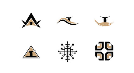 A collection of six logos, with a stylized figure and geometric shapes in black and tan