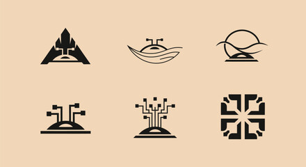 Six minimalist black icons on a beige backdrop, featuring geometric shapes and stylized designs