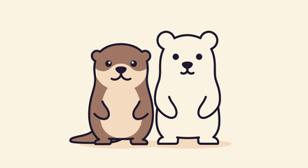 Cartoon illustration featuring an otter and a polar bear standing side by side