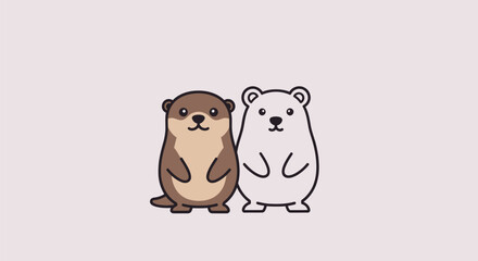 Two cartoon animals, an otter and a polar bear, standing side-by-side on a light background