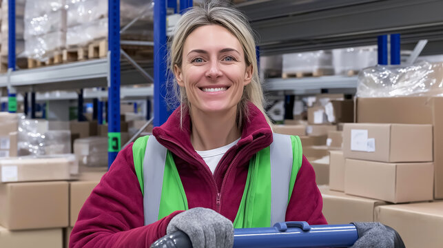 Woman worker handling a trolley, looking at camera and smiling while working in a busy warehouse aisle with shelves of boxes - Powered by Adobe