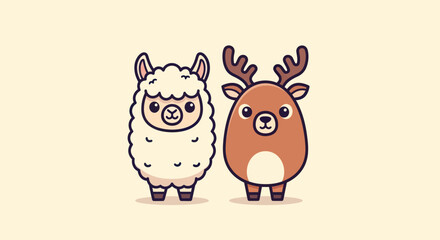 Naklejka premium A cartoon llama and deer stand side-by-side, each with large eyes and a friendly demeanor