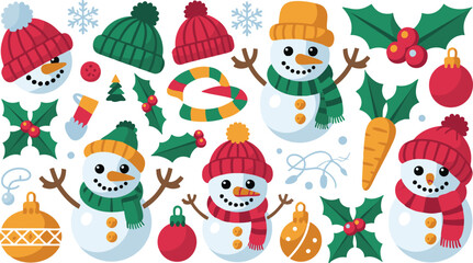 Festive Snowman Characters and Winter Holiday Decorations Set