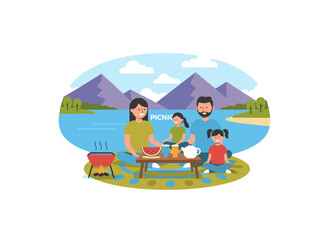 Joyful Asian family enjoying a picnic in nature, with parents and children dining outdoors during a summer holiday, Japanese people relaxing by the water on a weekend, depicted in a colored flat