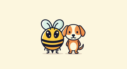 A cartoon bee and puppy stand side-by-side on a light cream background