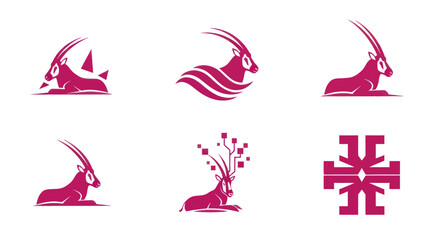 Six stylized oryx/antelope logos in magenta on white.  Some designs include tech elements