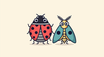 Stylized illustration of a ladybug and moth with cartoon eyes on a light background
