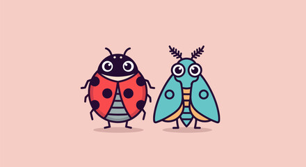 Cartoon ladybug and moth with large eyes on pink background, friendly and charming