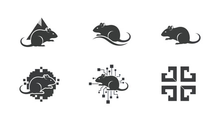 Six mouse silhouettes, some with additional elements such as mountains and tech circuits