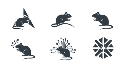 Six black silhouettes of rodents, each with unique design elements, on a white background