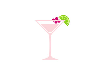 A cocktail glass garnished with a lime wedge and fruit syrup, presented as a festive party stemware in a flat vector illustration on a white background