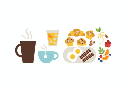 A top-down view of breakfast items and beverages on a white backdrop, featuring a set of brunch or lunch dishes illustrated in flat colored vector style, including bacon and eggs, pancakes