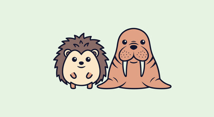 Cartoon image features a hedgehog and a walrus with simple outlines on a pale green background