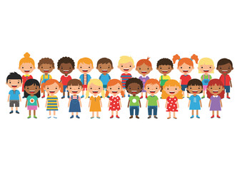 Joyful international children in an inclusive kindergarten group, featuring diverse adorable kids with disabilities, a multicultural team of little girls and boys, presented as a flat vector