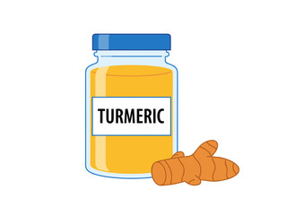 Fototapeta premium A bright yellow turmeric powder kept in a clear kitchen jar set against a white backdrop, depicted as a tasty condiment, oriental spice, and spicy cooking ingredient in a vector illustration
