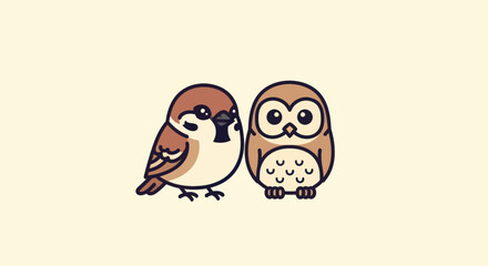 A cartoon illustration depicts a sparrow and an owl side-by-side on a cream background