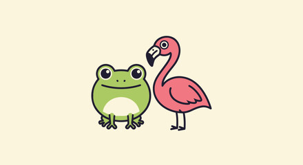 A cartoon frog and flamingo stand together against a cream background
