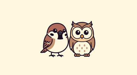 Two stylized, cartoon birds, a sparrow and an owl, sit side-by-side on cream background