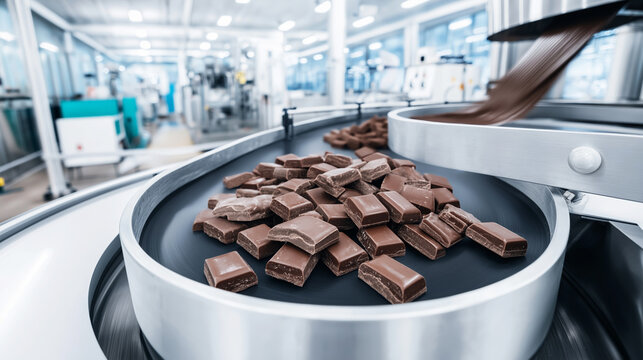 Close up of caramel candies being covered in glossy chocolate during automated processing inside modern candy factory