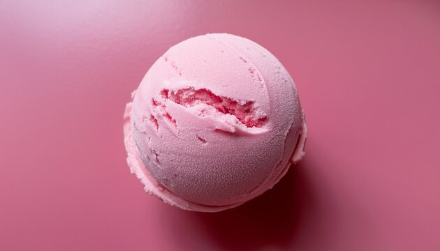 top down close up of a single round scoop of pink ice cream on a pink surface the ice cream has a slightly cracked textured surface