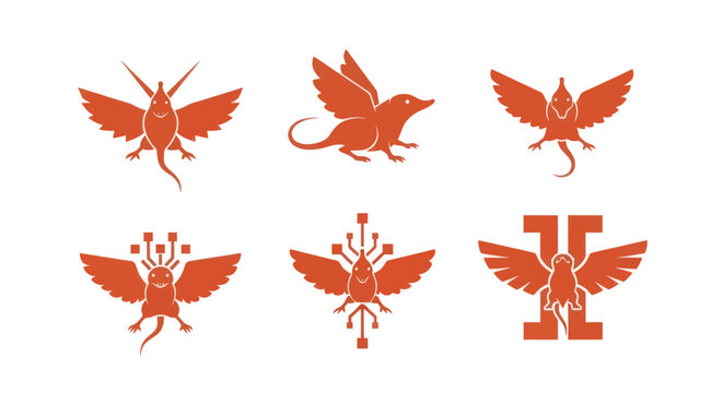A collection of stylized, orange silhouettes of creatures and abstract designs