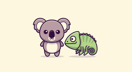 A cute koala and a green chameleon stand together on a light beige background