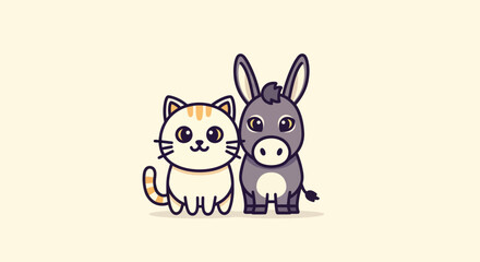 Cartoon illustration of a cat and donkey side-by-side, on a cream background