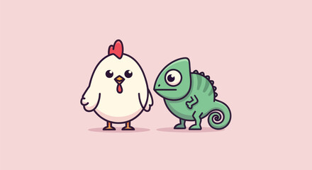 Cartoon chicken and chameleon, set on pink background