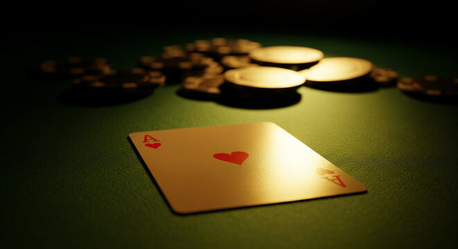 A close-up of a playing card with a heart symbol on a green table, surrounded by poker chips. The scene is dimly lit, creating a dramatic atmosphere.