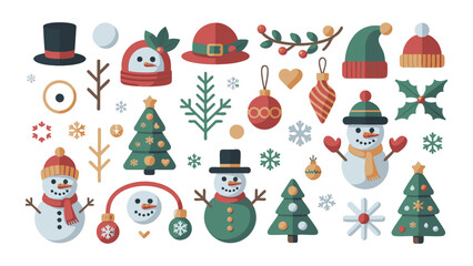 Festive Winter and Christmas Elements Flat Icon Set - Snowman, Holiday Tree, Holly, Bauble, and Hat Vector Collection