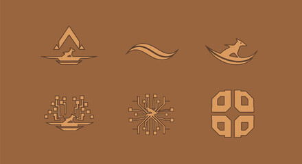 Six brown minimalistic graphic designs on a brown backdrop, featuring abstract shapes and line work