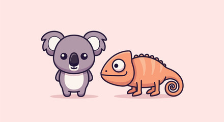 Cartoon depiction of a koala and a chameleon standing side-by-side on a pink backdrop