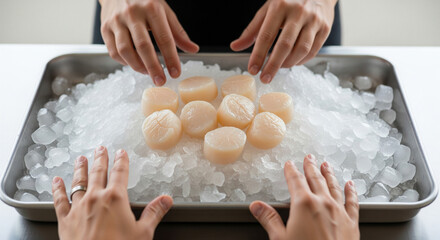 Hands reaching for fresh scallops on a bed of ice in a metal tray. The scene emphasizes seafood preparation and culinary presentation.