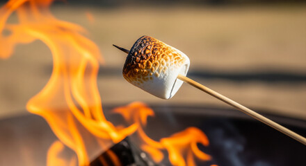 A toasted marshmallow on a skewer, held above a campfire with bright flames. The background is blurred, emphasizing the marshmallow and fire.