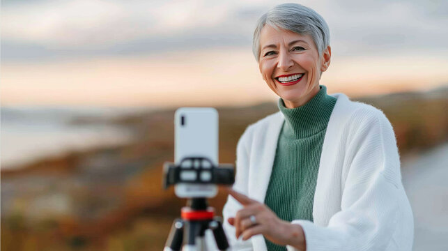 Senior woman happily using a mobile phone on a tripod to record a video or live stream, enjoying modern technology outdoors