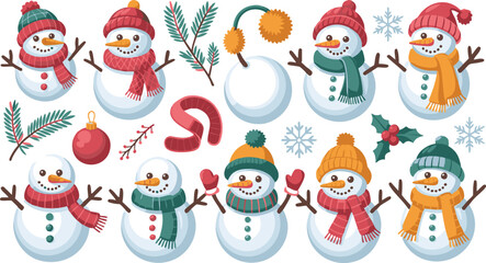 Cute Christmas Snowman Cartoon Characters Set - Winter Holiday Decoration, Xmas Scarf, Hat, and Pine Branch Vector Illustration