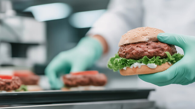 Food scientist wearing gloves presenting a plant based burger, representing sustainable food innovation and alternative protein development