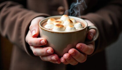 A pair of hands holding a steaming cup of hot chocolate topped with toasted marshmallows. The hands are delicate and well-manicured, wearing a brown coat.