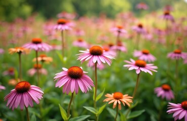 Fototapeta premium Beautiful field of purple echinacea coneflowers thrives under summer sun. Pink flower petals with vibrant orange centers blooming. Healthy plants grow in natural meadow outdoors on warm day, pure