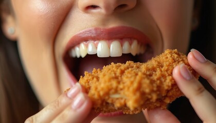 Woman eats crispy fried chicken piece. She bites into golden breaded meat. Close-up of mouth with white teeth and lips enjoying tasty fast food meal.