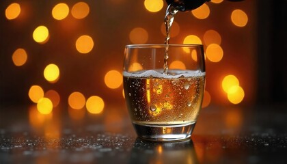 A glass of sparkling beverage is being filled. The background features soft, warm bokeh lights, creating a festive atmosphere.