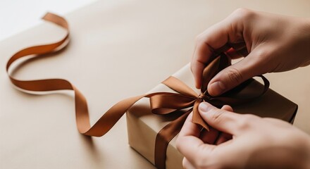 Hands tying a brown ribbon on a gift box. The box is wrapped in brown paper. The scene conveys a festive atmosphere, suitable for celebrations or holidays.
