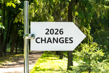 Fototapeta premium 2026 Changes symbol. Concept words 2026 Changes on beautiful white road sign. Beautiful summer green forest garden background. Business and 2026 changes concept. Copy space.