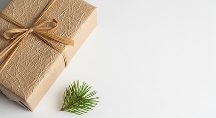 A wrapped gift box with a textured brown paper and a ribbon. A small green pine branch is placed beside it on a white background.