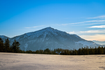 View on snowy Mount Rigi in Swiss Alps as seen from Zugerberg