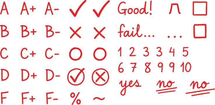 Handwritten red grading marks and symbols on white background